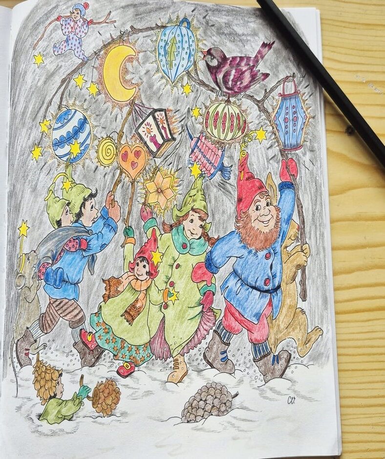 ausgemaltes Bild Christl Vogl Weihnachtswichtel Malbuch